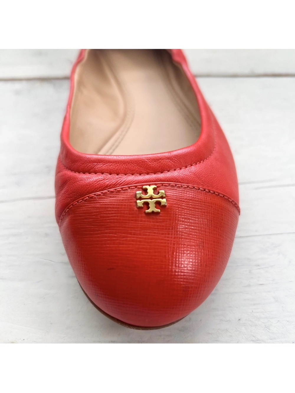 Tory Burch York Cap Toe Sz 7.5 M Leather Ballet Flats Poppy Red Orange Logo Gold - Picture 5 of 8